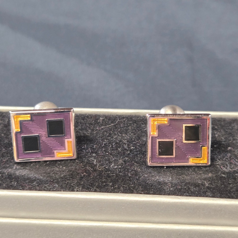 XMI Geometric Enamel Square Cufflinks Purple Black Gold Mens Formal Accessory OS